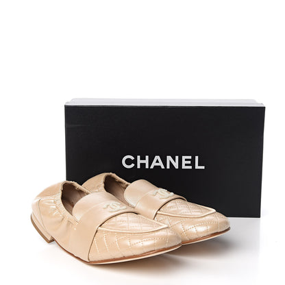 Chanel Laminated Lambskin Womens Quilted Elastic CC Moccasin Loafers 38.5 Beige 10 of 10