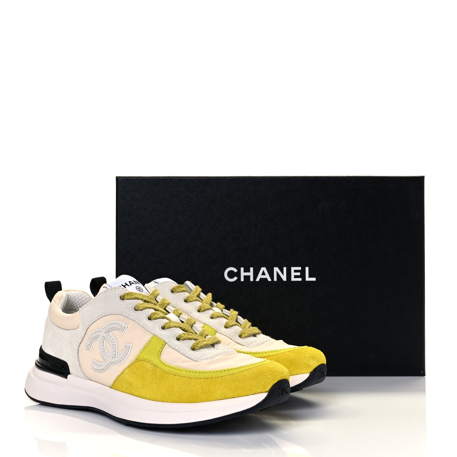Chanel Nylon Calfskin Suede Womens CC Sneakers 39 Ivory Grey Yellow 8 of 8