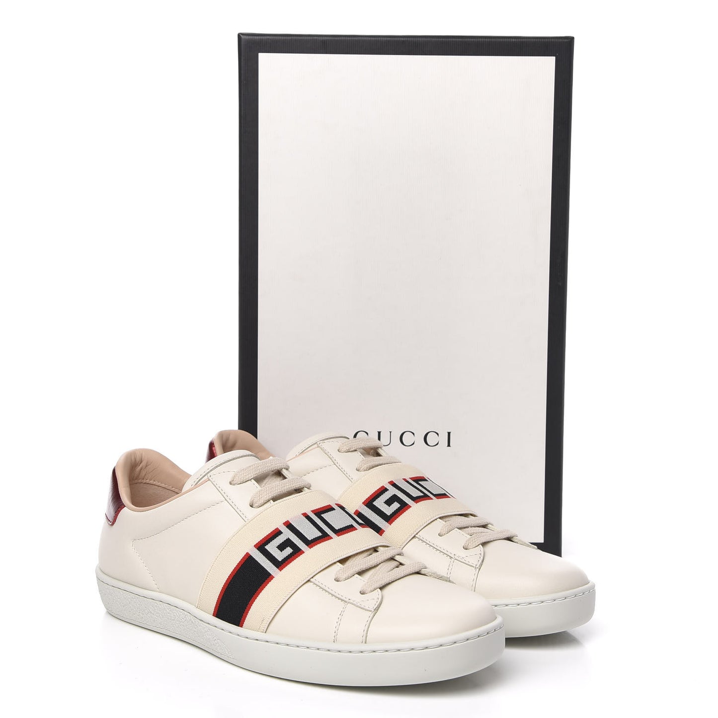 Calfskin Stripe Womens New Ace Sneakers 36.5 New Mystic White Ecru Red Flame