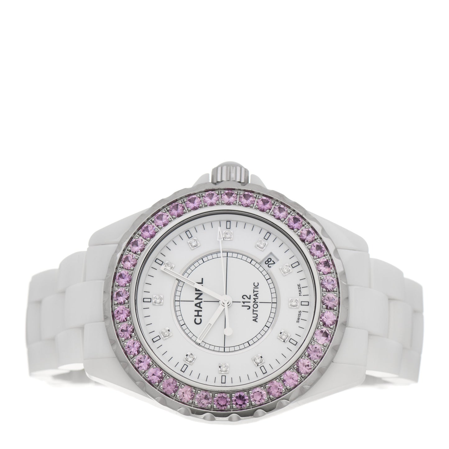 Stainless Steel Ceramic Diamond Pink Sapphire 42mm J12 Automatic Watch White