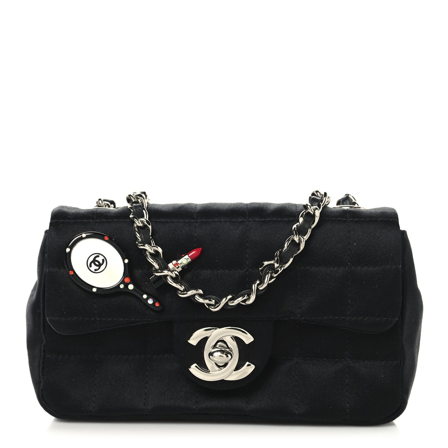 Satin Square Quilted Lipstick Charm Mini Flap Black