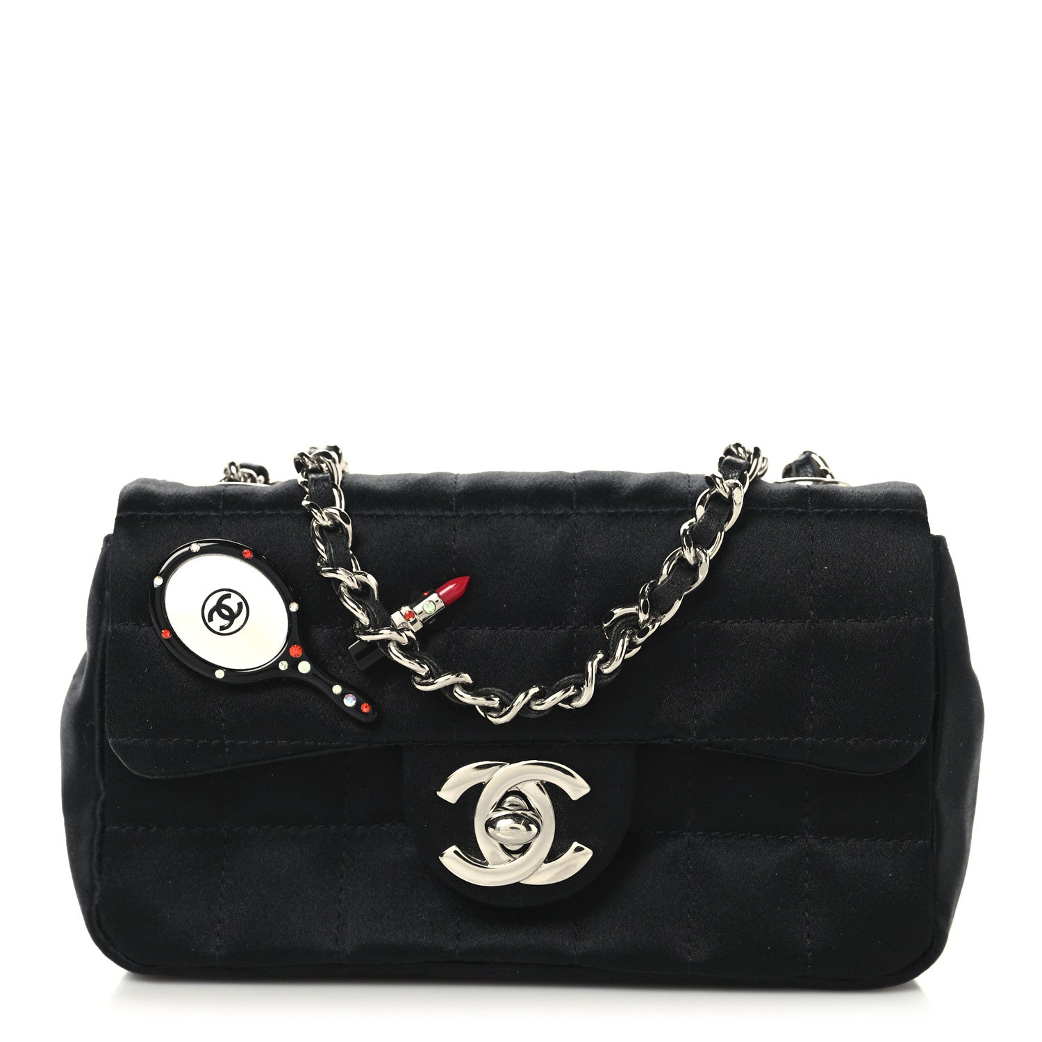 Chanel Satin Square Quilted Lipstick Charm Mini Flap Black 1 of 11