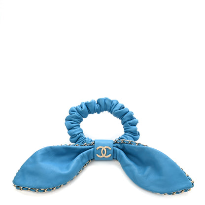 Chanel Lambskin Chain CC Hair Bow Tie Blue Gold 1 of 3