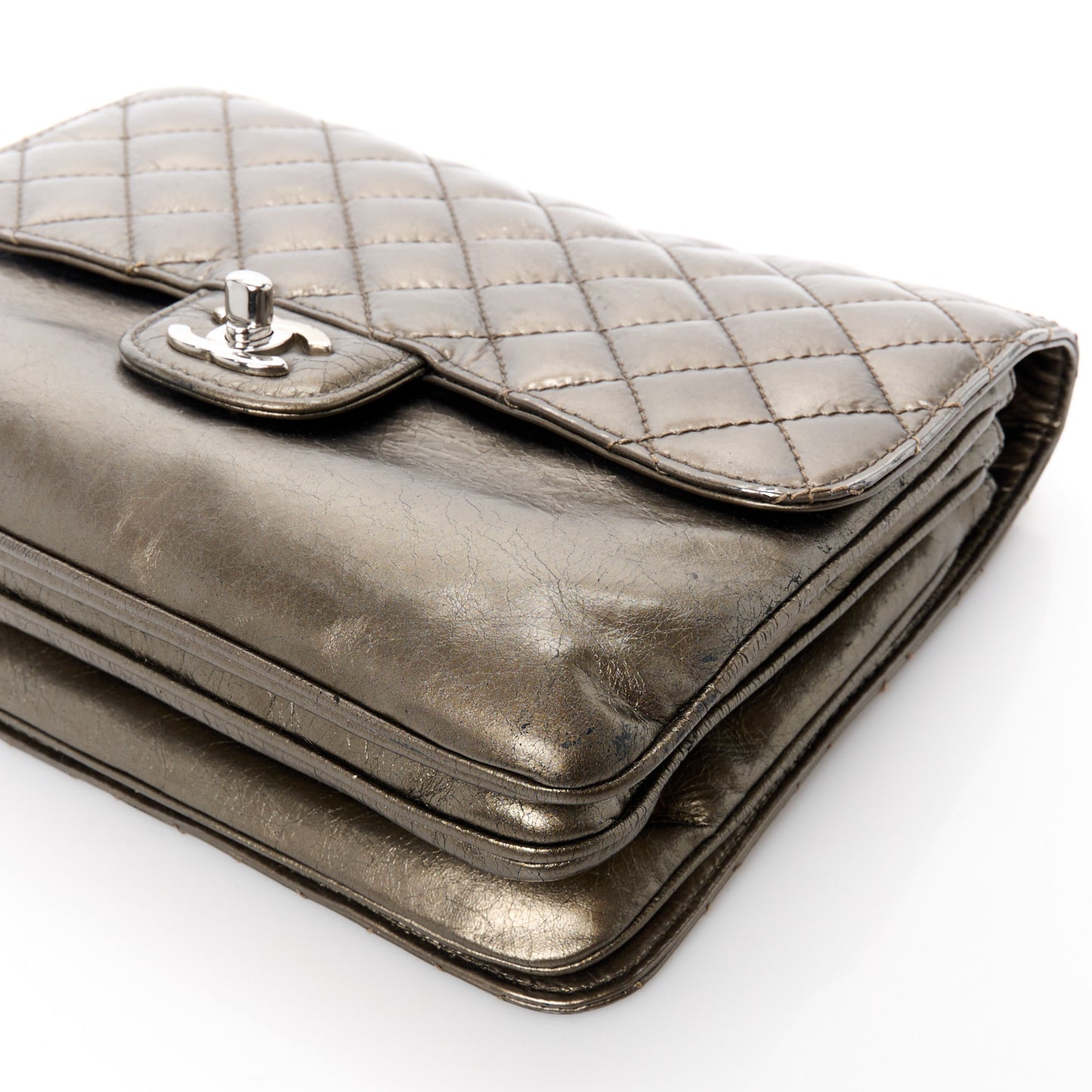 Metallic Crackled Calfskin Medium Clam's Pocket Flap Dark Silver