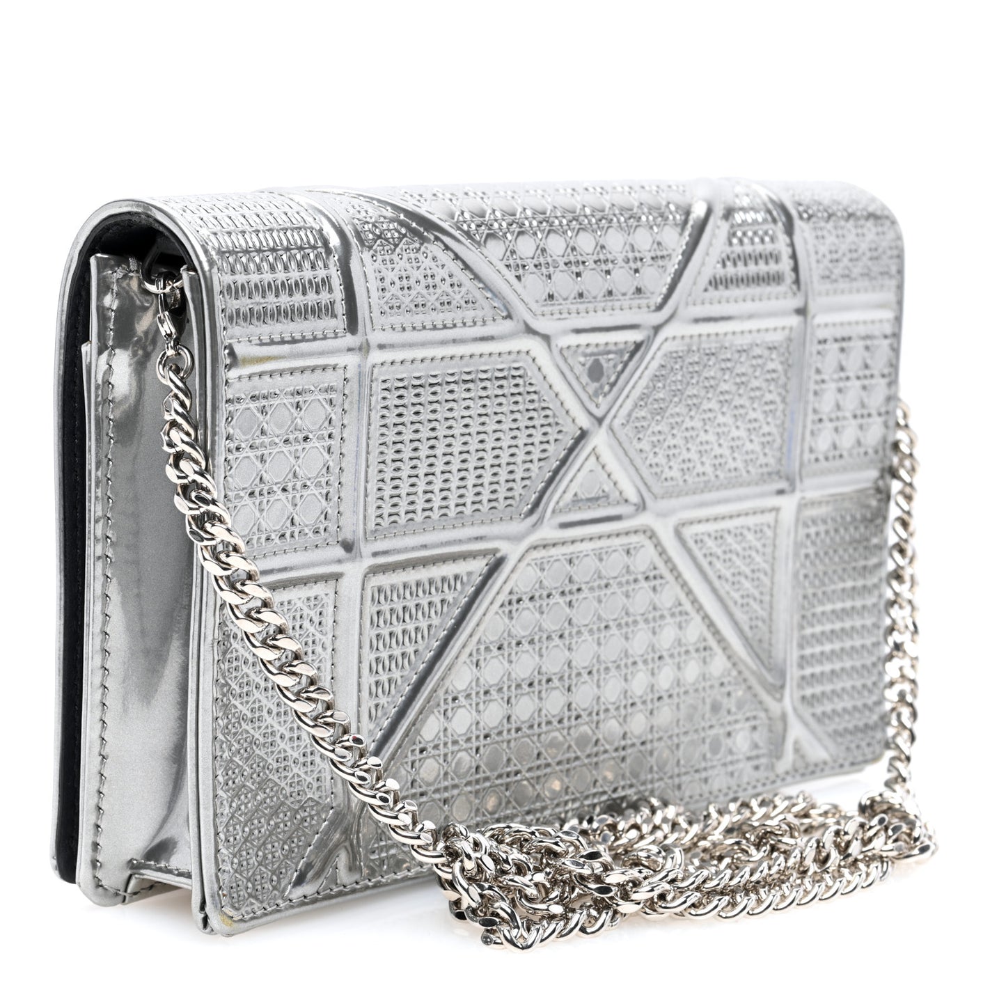 Metallic Patent Micro-Cannage Diorama Wallet on Chain Pouch Silver