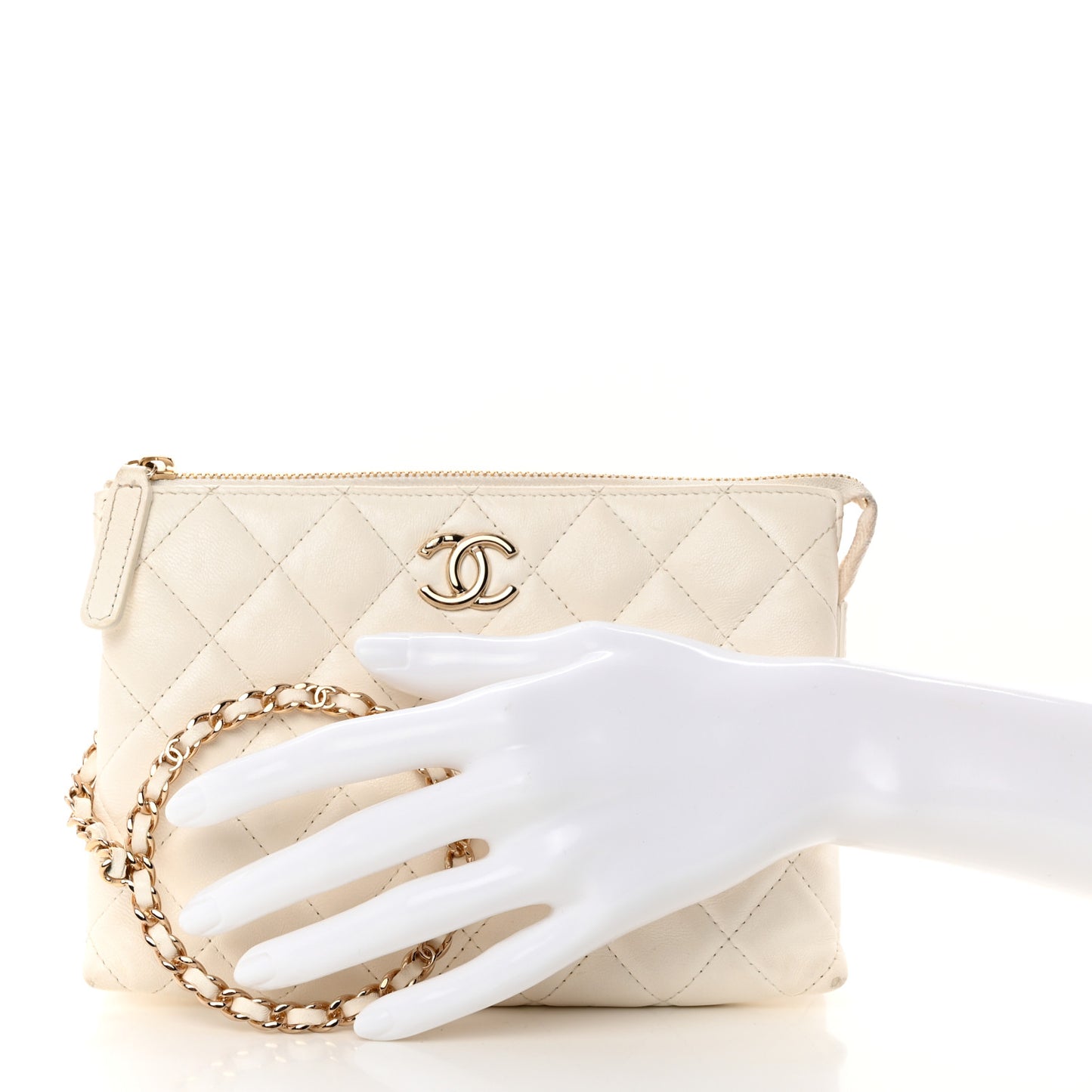 Shiny Crumpled Calfskin Quilted Clutch Bag White