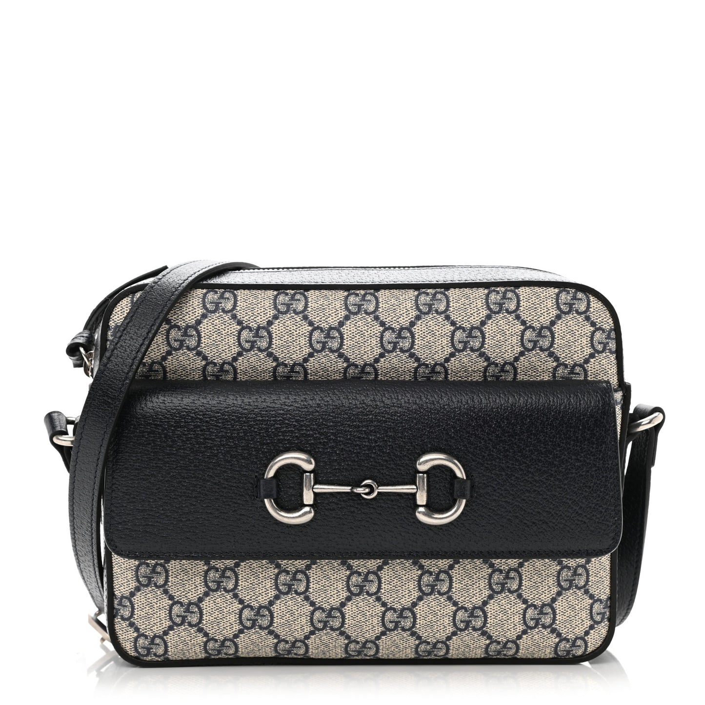 GG Supreme Monogram Textured Dollar Calfskin Small Horsebit 1955 Shoulder Bag Beige Blue