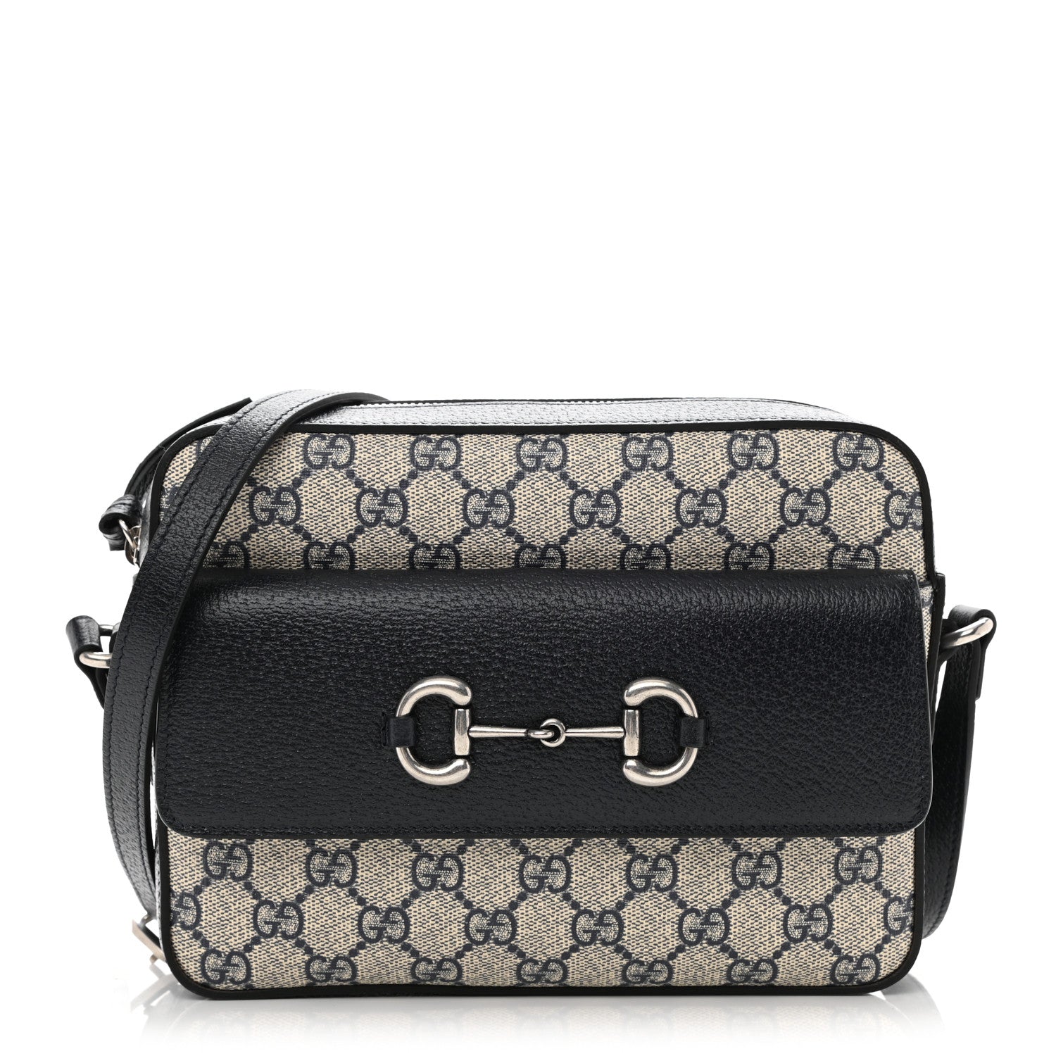 Gucci GG Supreme Monogram Textured Dollar Calfskin Small Horsebit 1955 Shoulder Bag Beige Blue 1 of 7