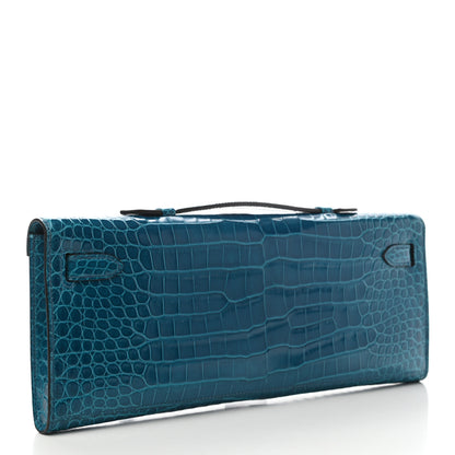 Hermes Shiny Porosus Crocodile Kelly Cut Pochette Bleu Izmir 2 of 7