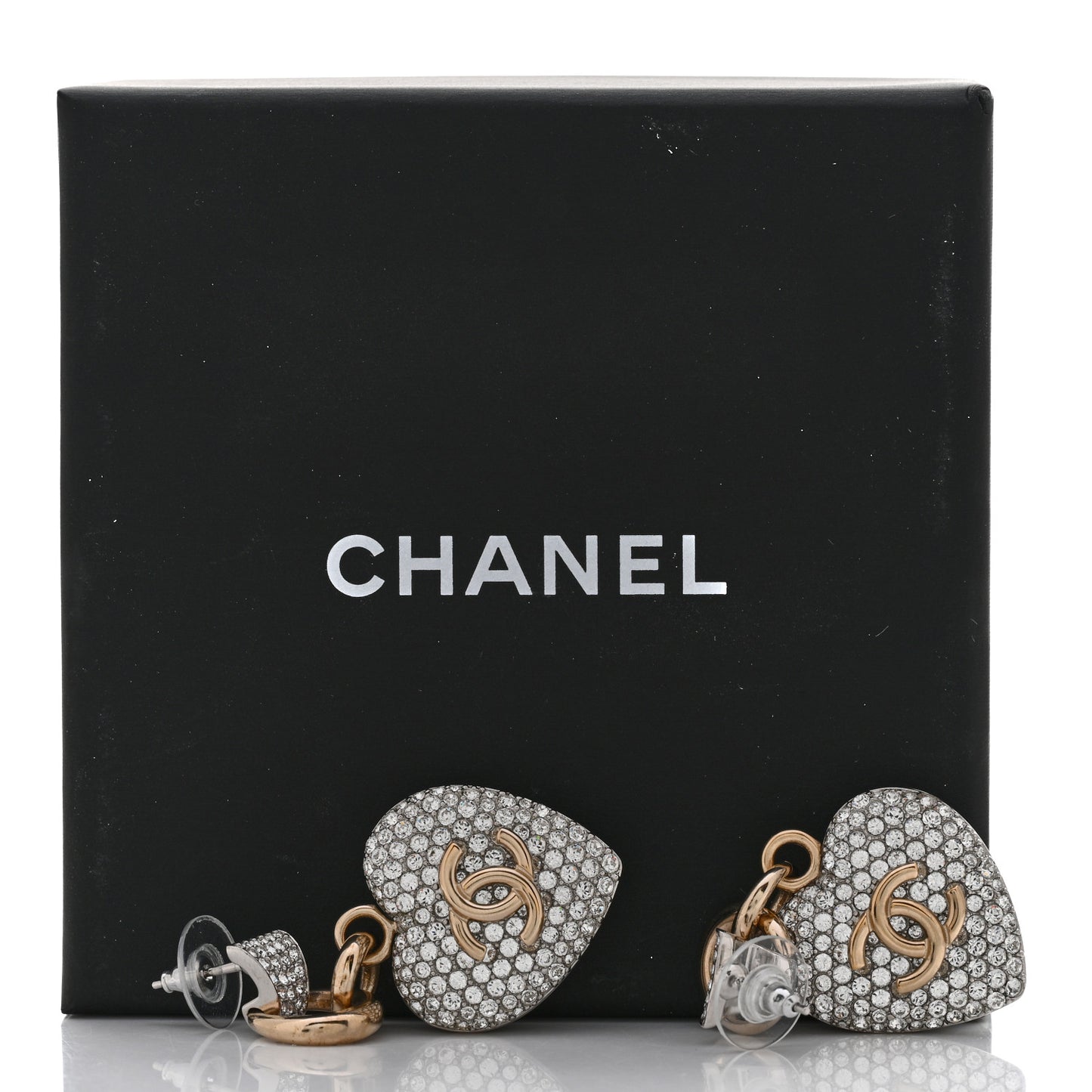 Crystal Heart CC Drop Earrings Silver Gold
