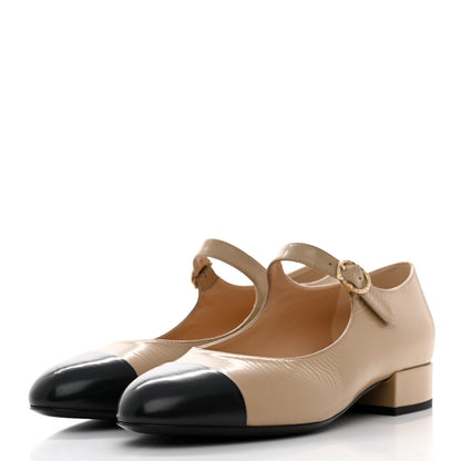 Chanel Shiny Calfskin Cap Toe Mary Jane Low Heel Strap Pumps 37 Beige Black 3 of 9