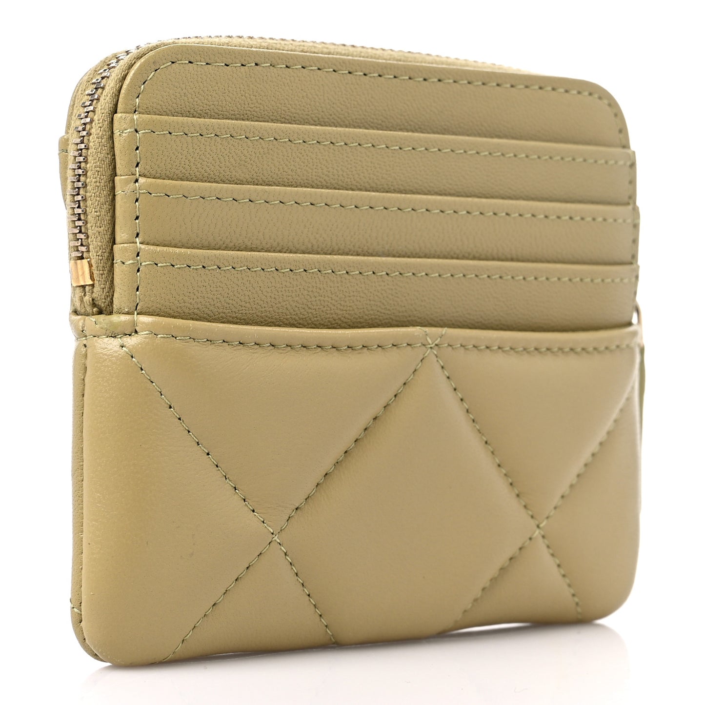 Lambskin Quilted Chanel 19 Zip Card Holder Wallet Light Green