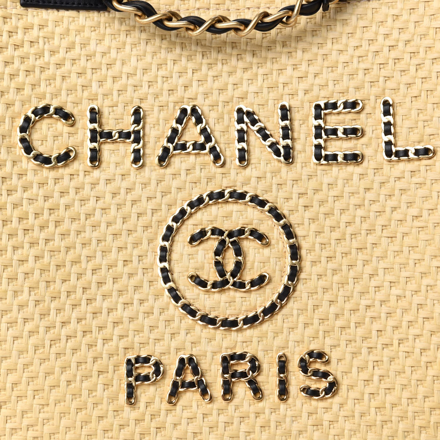 Chanel Straw Raffia Calfskin Chain Medium Deauville Tote Beige Black 10 of 10