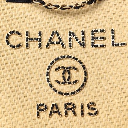 Chanel Straw Raffia Calfskin Chain Medium Deauville Tote Beige Black 10 of 10