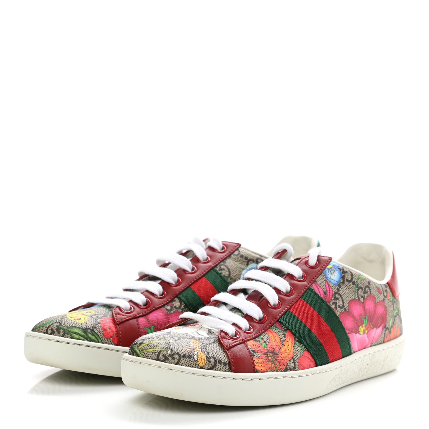 Gucci GG Supreme Monogram Flora Web Womens Ace Sneakers 36 Beige Multicolor Rosso 3 of 9