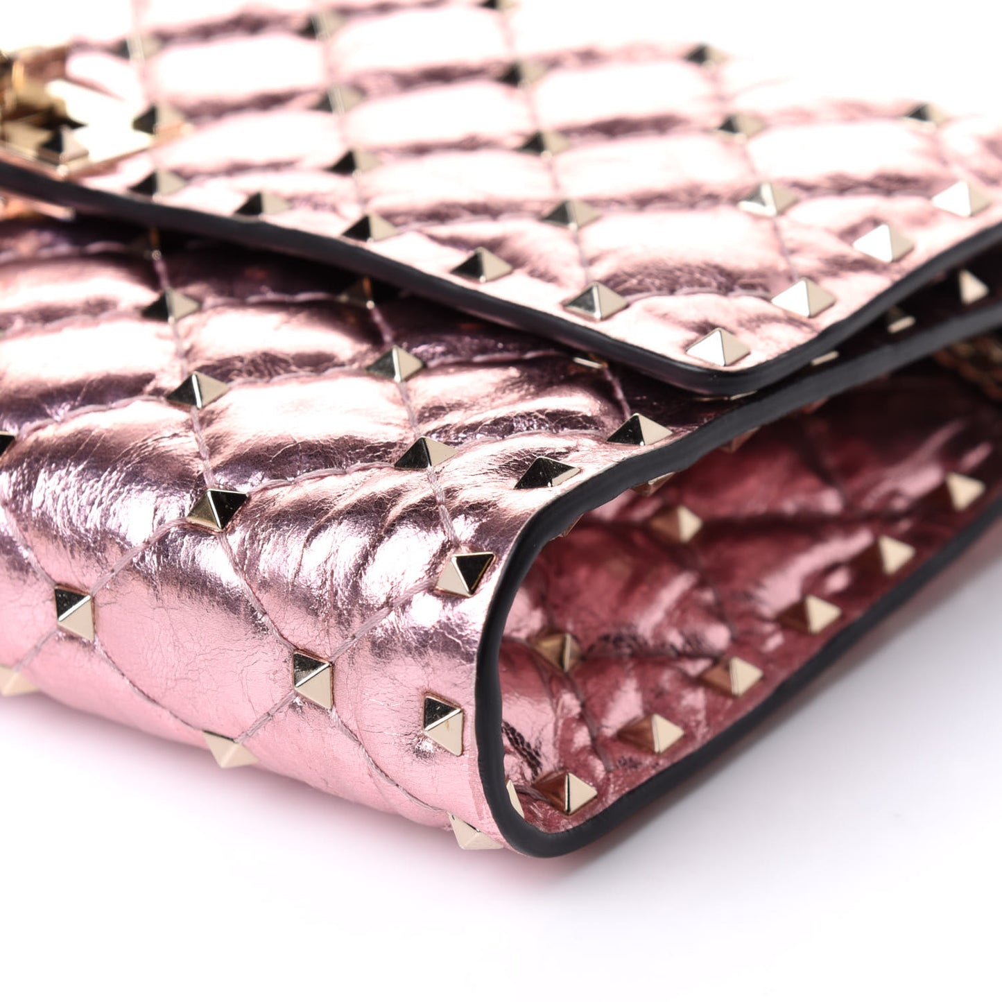 Metallic Wrinkled Lambskin Rockstud Spike Wallet on Chain Lipstick
