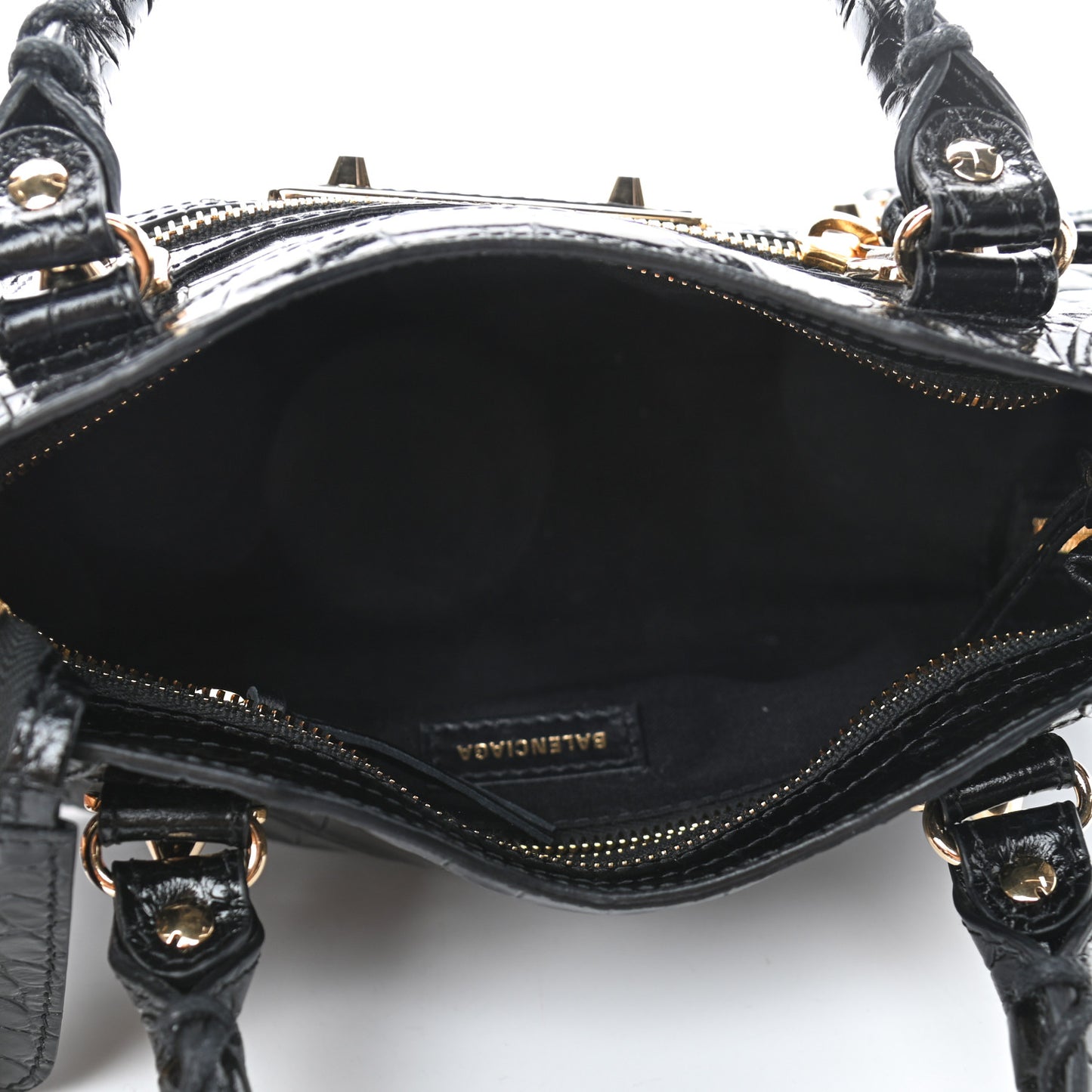 Shiny Supple Calfskin Crocodile Embossed Gold Metallic Edge Hardware Mini City Black