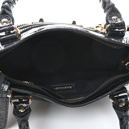 Balenciaga Shiny Supple Calfskin Crocodile Embossed Gold Metallic Edge Hardware Mini City Black 4 of 4