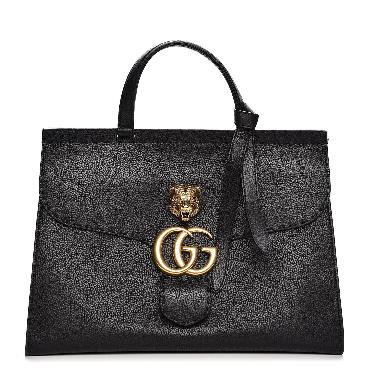 Calfskin Feline Medium GG Marmont Top Handle Bag Black