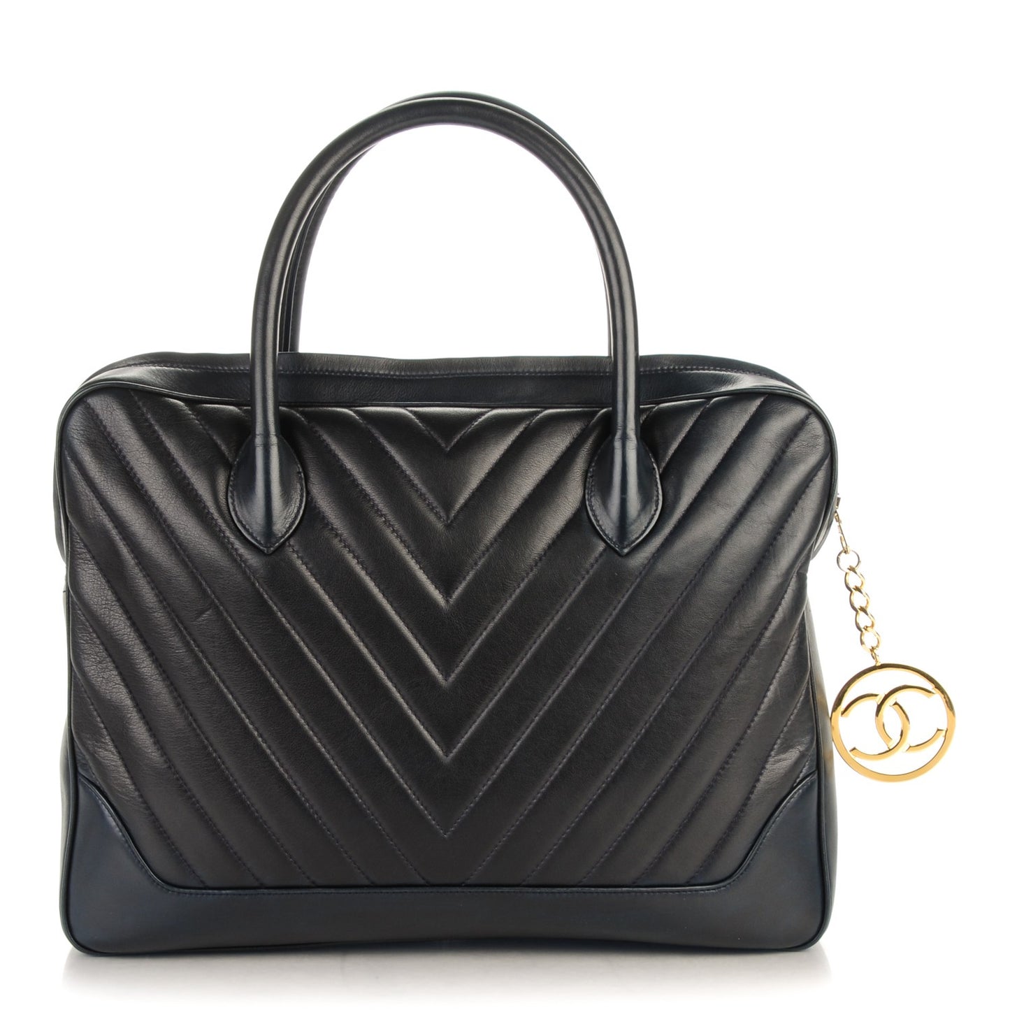 Lambskin Chevron Quilted Top Handle Bag Dark Navy