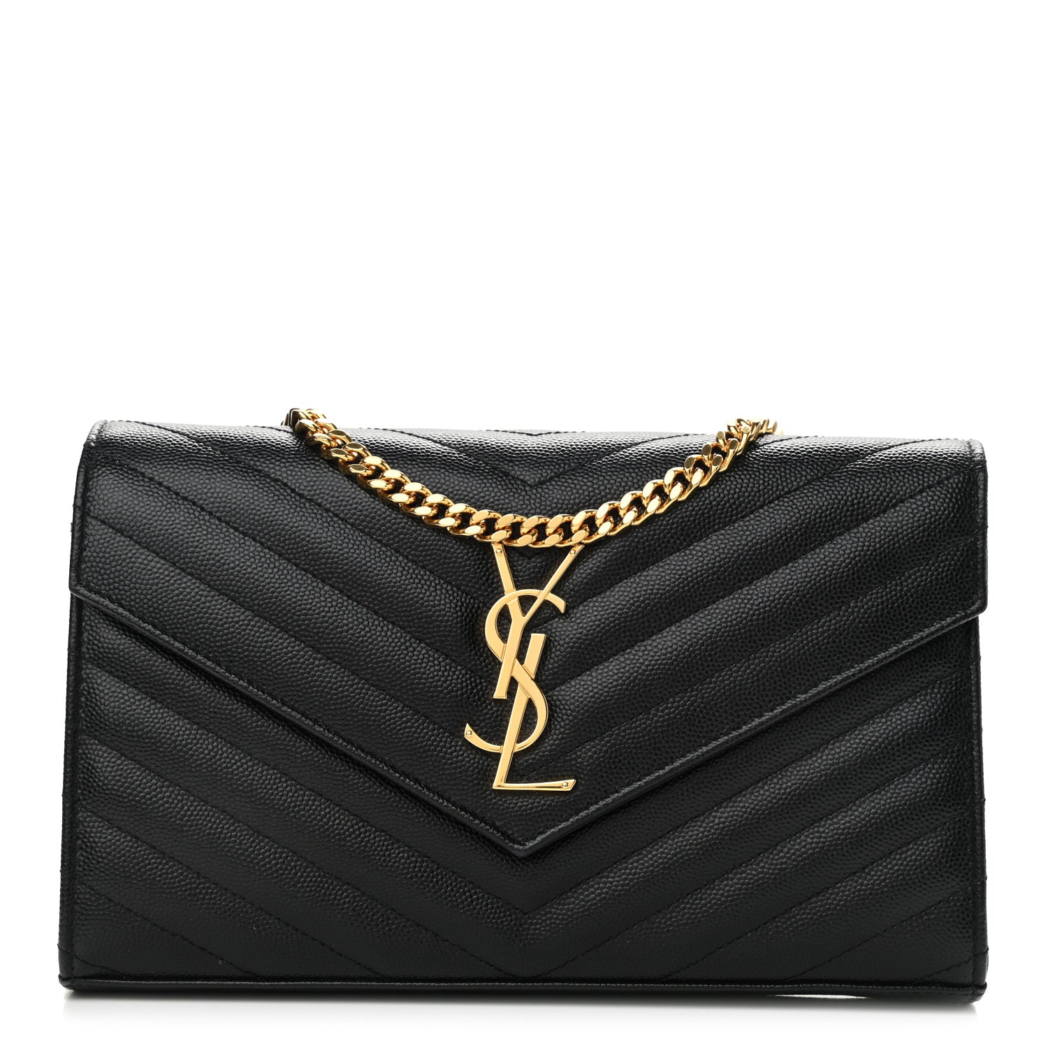 Saint Laurent Grain De Poudre Matelasse Chevron Monogram Chain Wallet Black 1 of 10