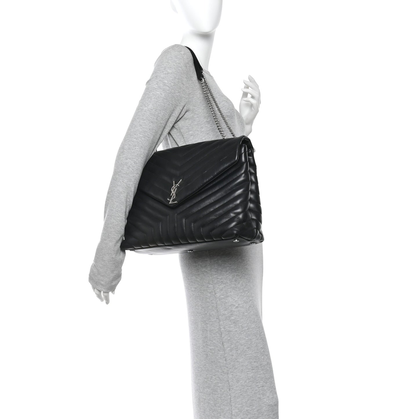 Calfskin Y Quilted Monogram Large Loulou Chain Satchel Black Black