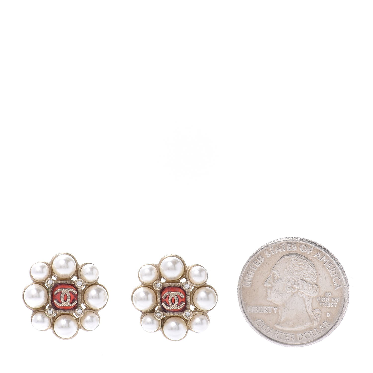 Chanel Crystal Pearl Earrings Gold Red 2 of 4