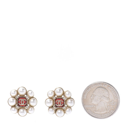 Chanel Crystal Pearl Earrings Gold Red 2 of 4