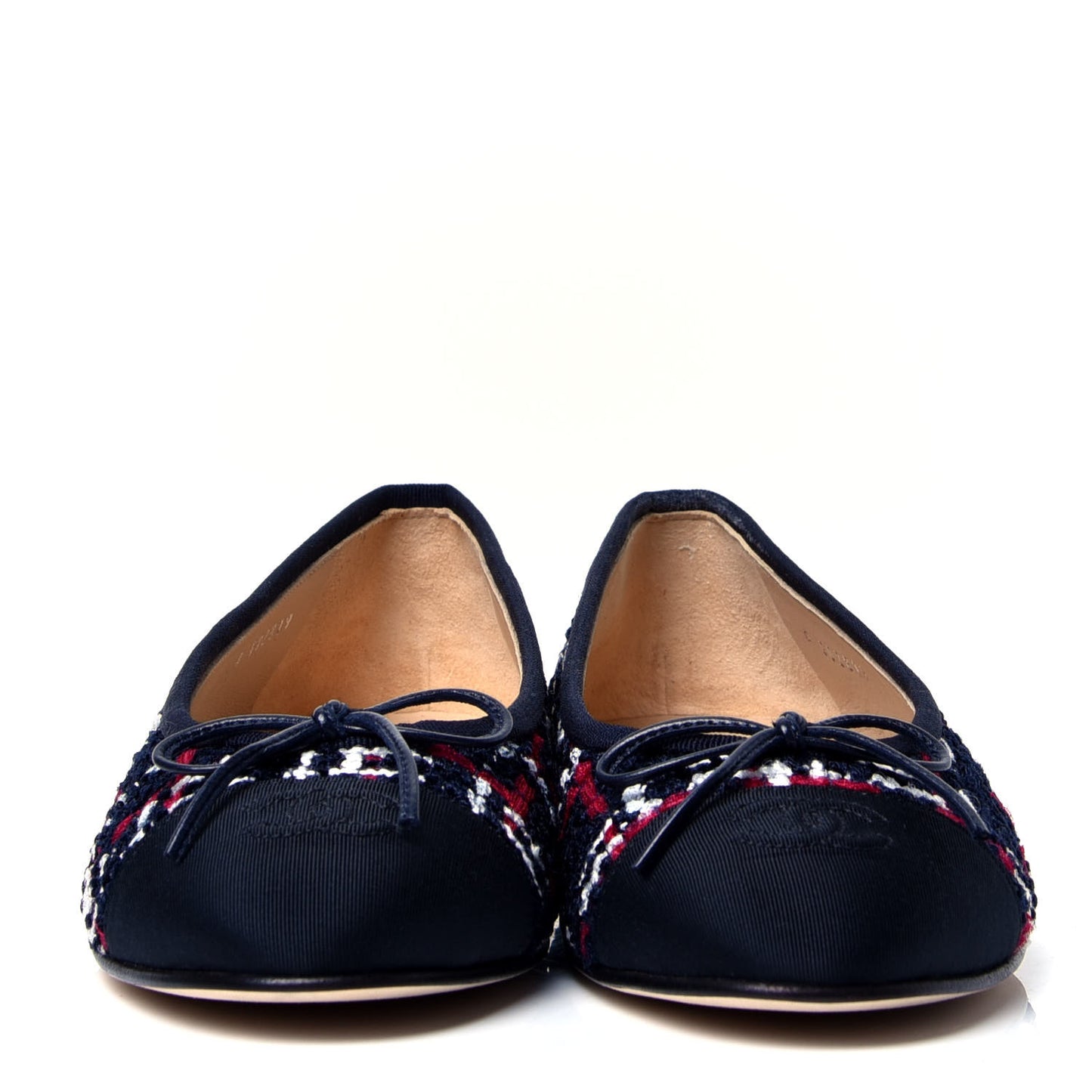 Tweed Grosgrain Cap Toe Ballerina Flats 38.5 Navy Blue Red Black
