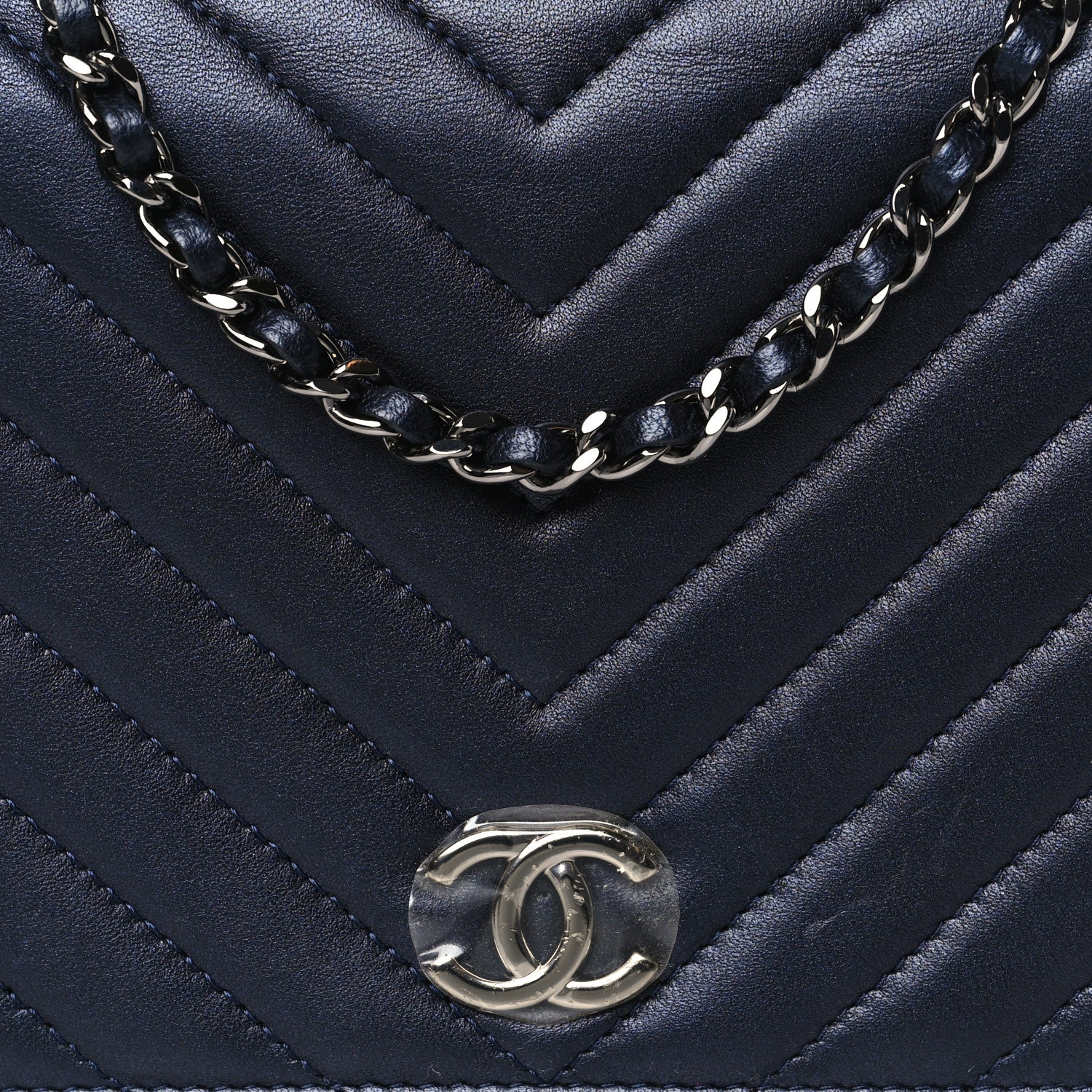 Chanel Lambskin Chevron Quilted Studded Wallet On Chain WOC Navy 9 of 14