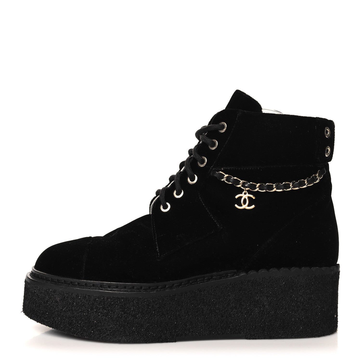 Chanel Velvet Chain Lace Up CC Short Boots 38.5 Black 1 of 9