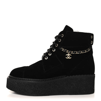 Chanel Velvet Chain Lace Up CC Short Boots 38.5 Black 1 of 9