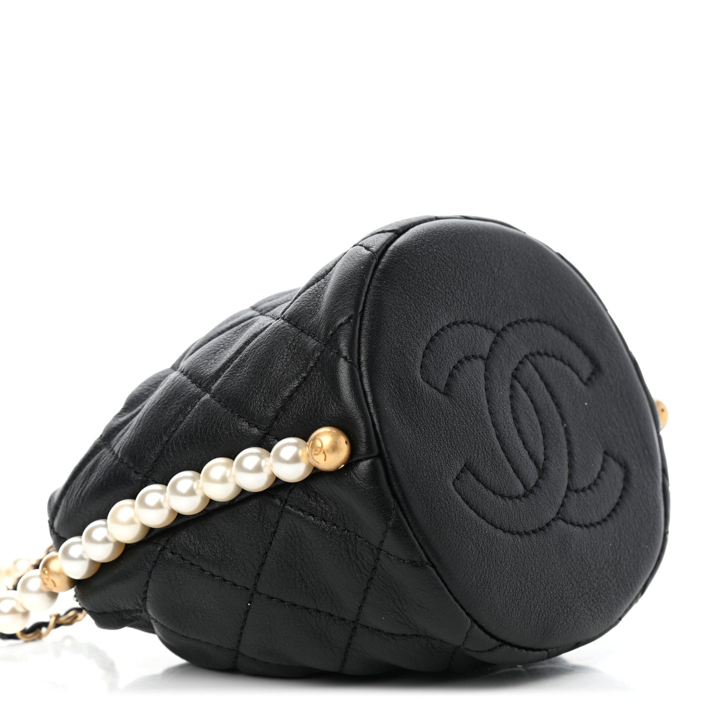 Calfskin Quilted Pearl Mini About Pearls Drawstring Bucket Bag Black