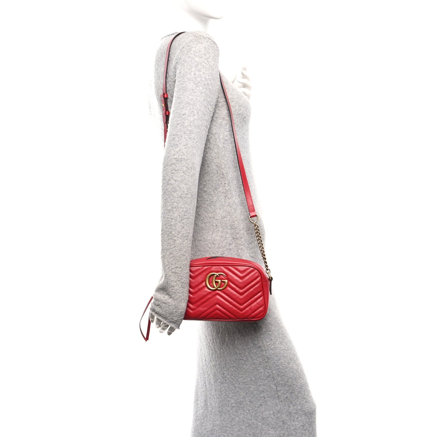 Gucci Calfskin Matelasse Small GG Marmont Chain Shoulder Bag Hibiscus Red 2 of 11