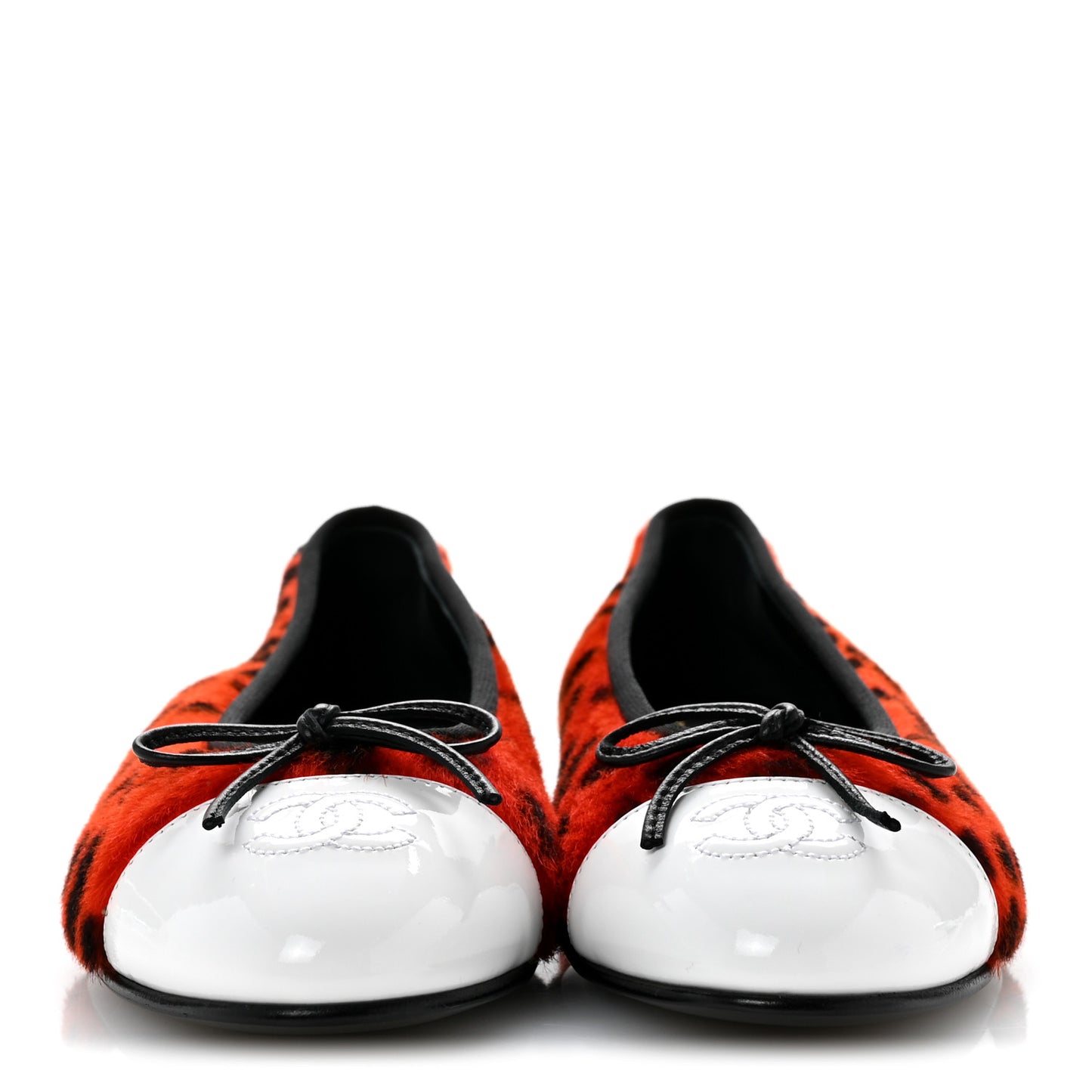 Lamb Hair Patent Calfskin Cap Toe CC Ballet Flats 38 Orange Black White