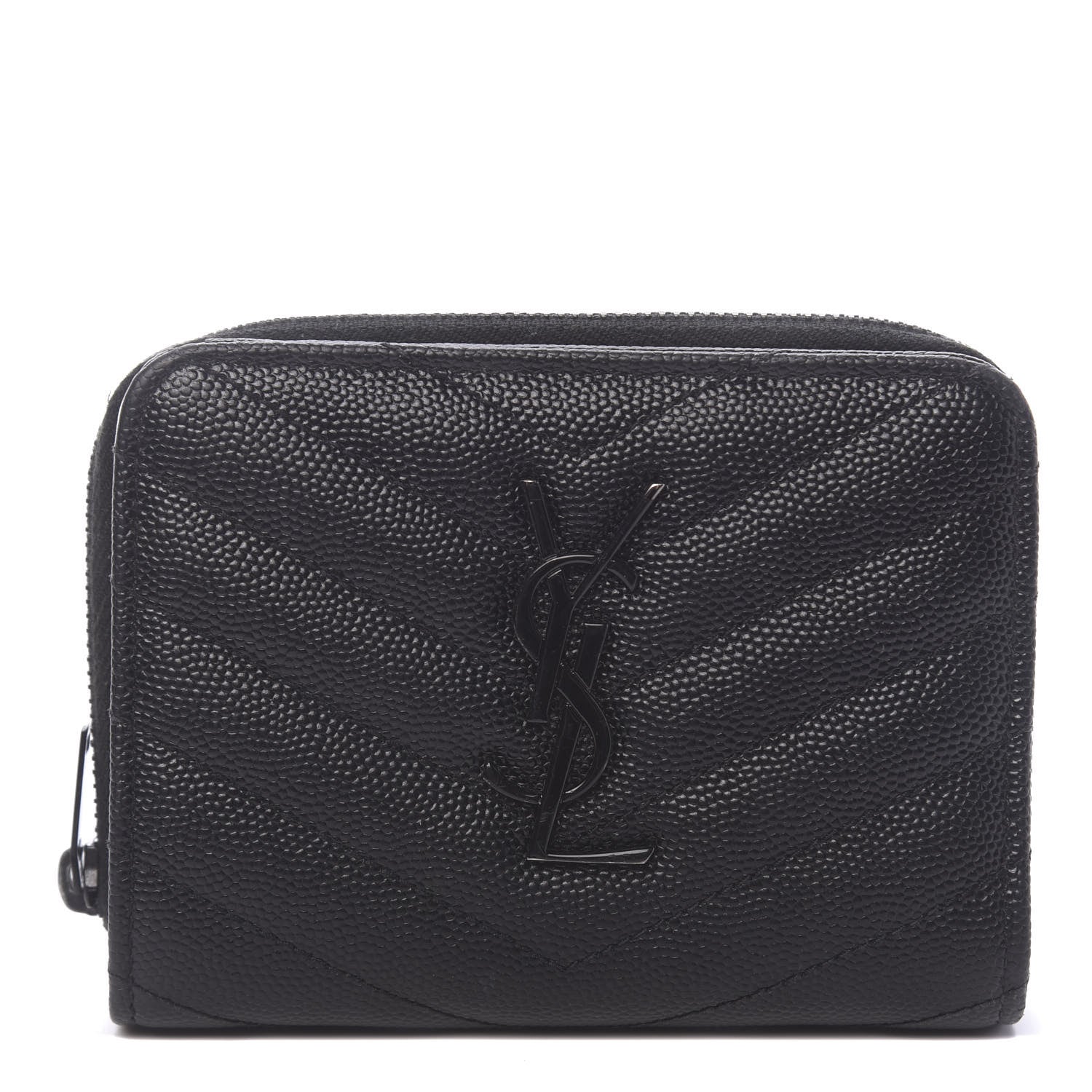 Saint Laurent Grain De Poudre Matelasse Chevron Monogram Compact Zip Around Wallet Black 1 of 15
