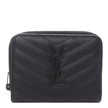 Saint Laurent Grain De Poudre Matelasse Chevron Monogram Compact Zip Around Wallet Black 1 of 15