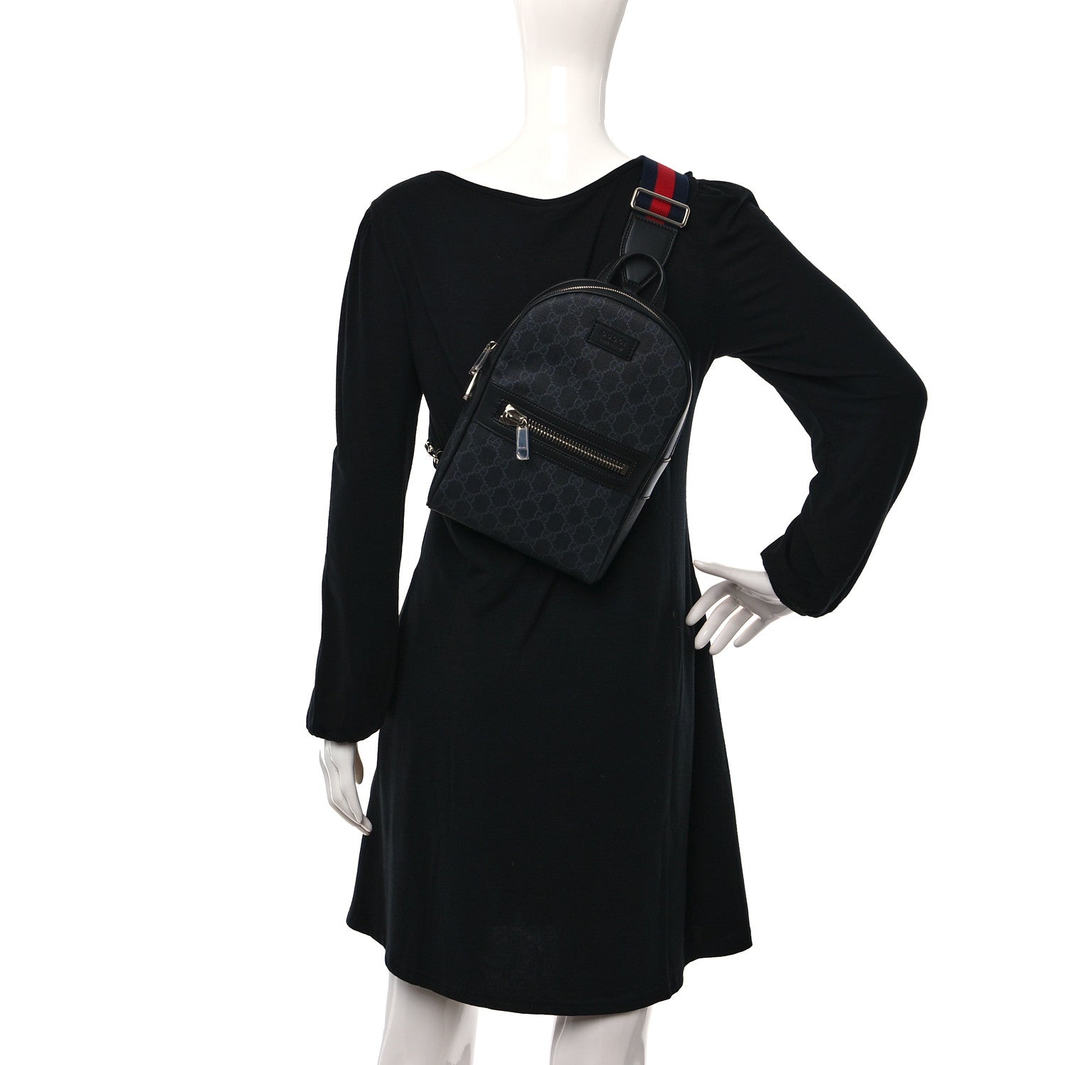 Gucci GG Supreme Monogram Calfskin Web Sling Backpack Black Grey 2 of 8