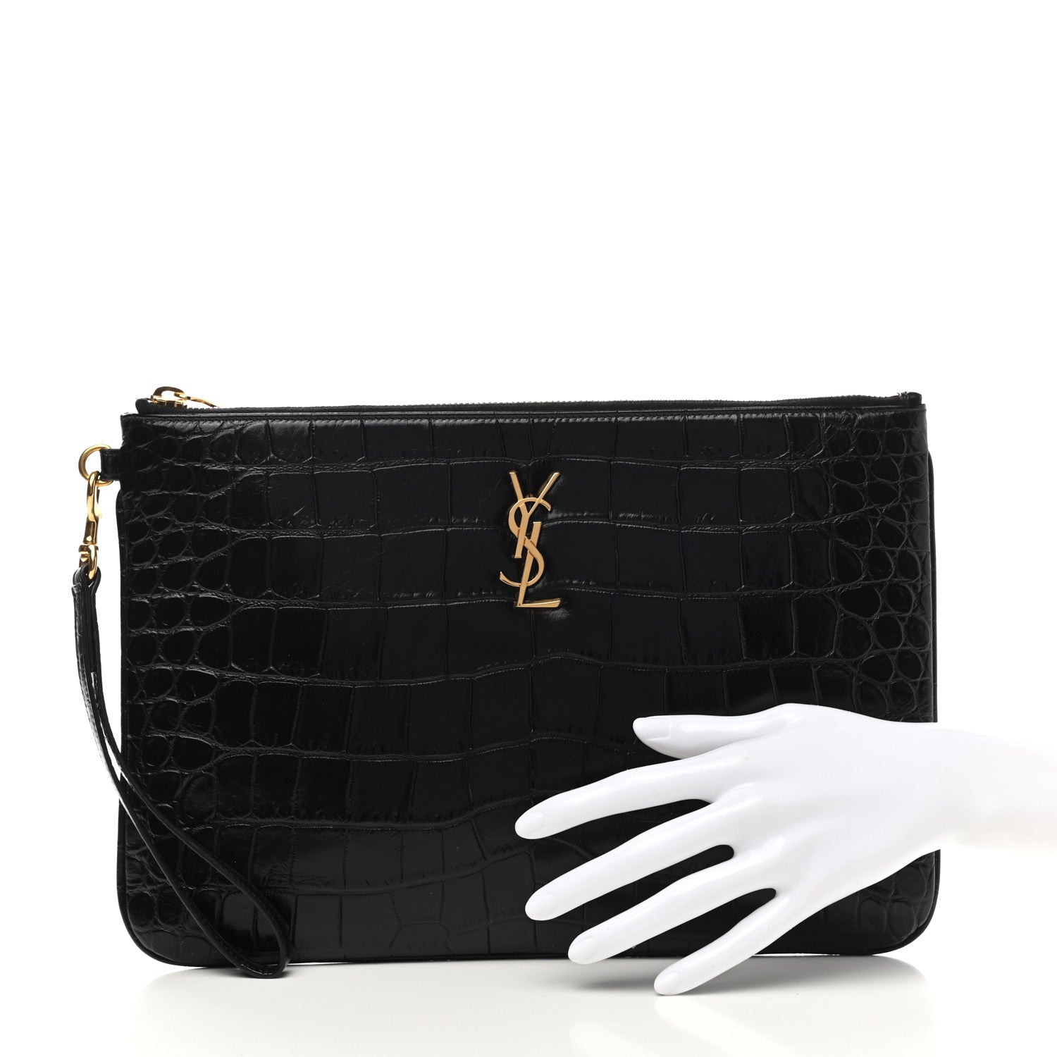 Saint Laurent Calfskin Crocodile Embossed Tablet Pouch Black 2 of 7