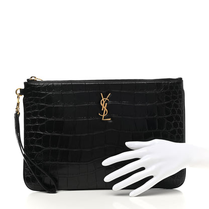 Saint Laurent Calfskin Crocodile Embossed Tablet Pouch Black 2 of 7