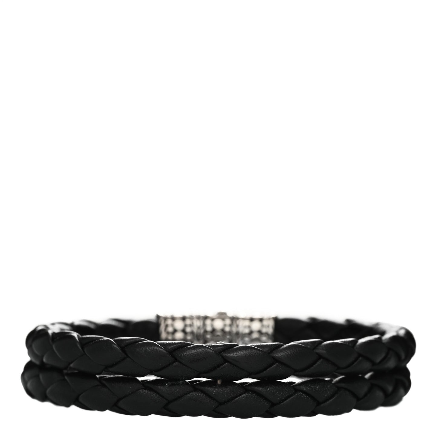 Sterling Silver Leather Two Row Braided Dot Bracelet Black