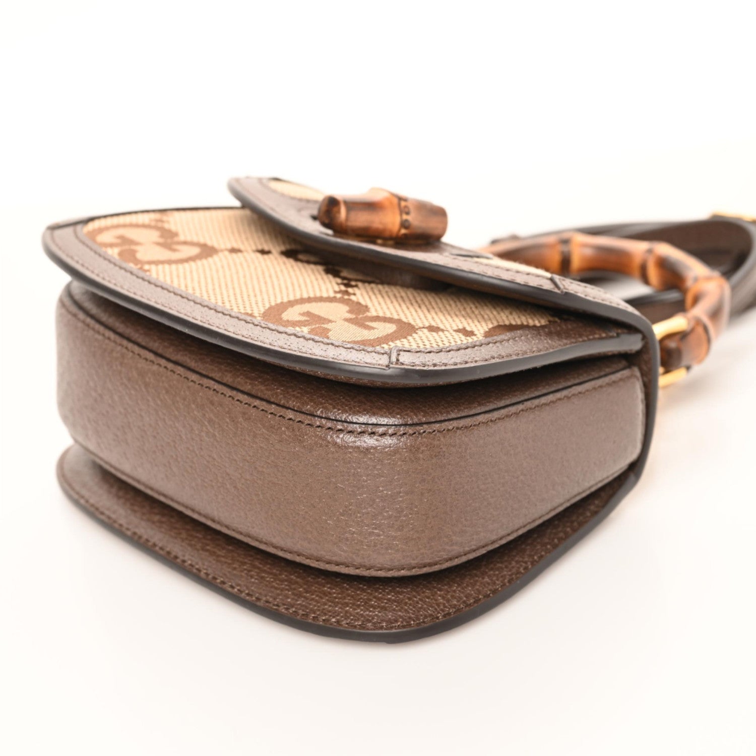 Gucci Monogram Jumbo GG Textured Dollar Calfskin Web Mini Bamboo 1947 Top Handle Bag Camel Ebony New Acero 6 of 9
