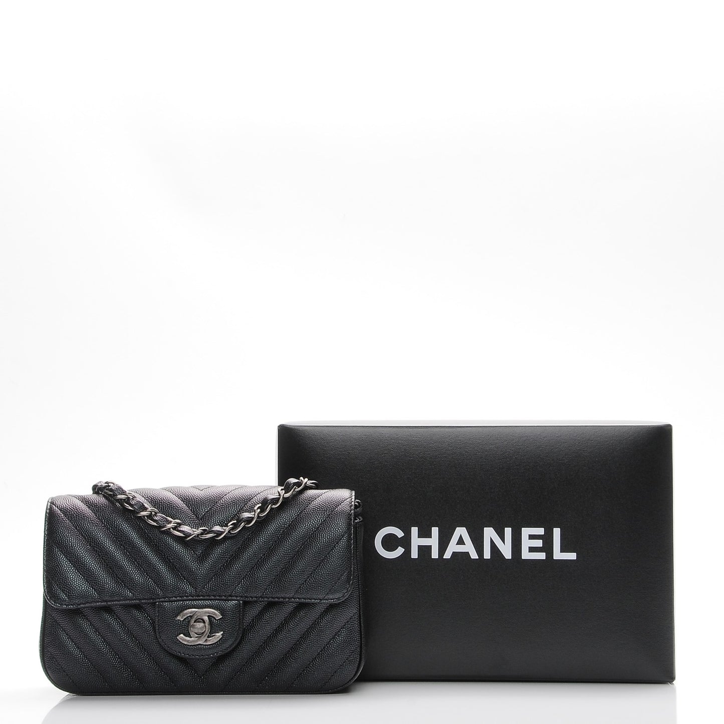 Metallic Caviar Chevron Quilted Mini Rectangular Flap Black