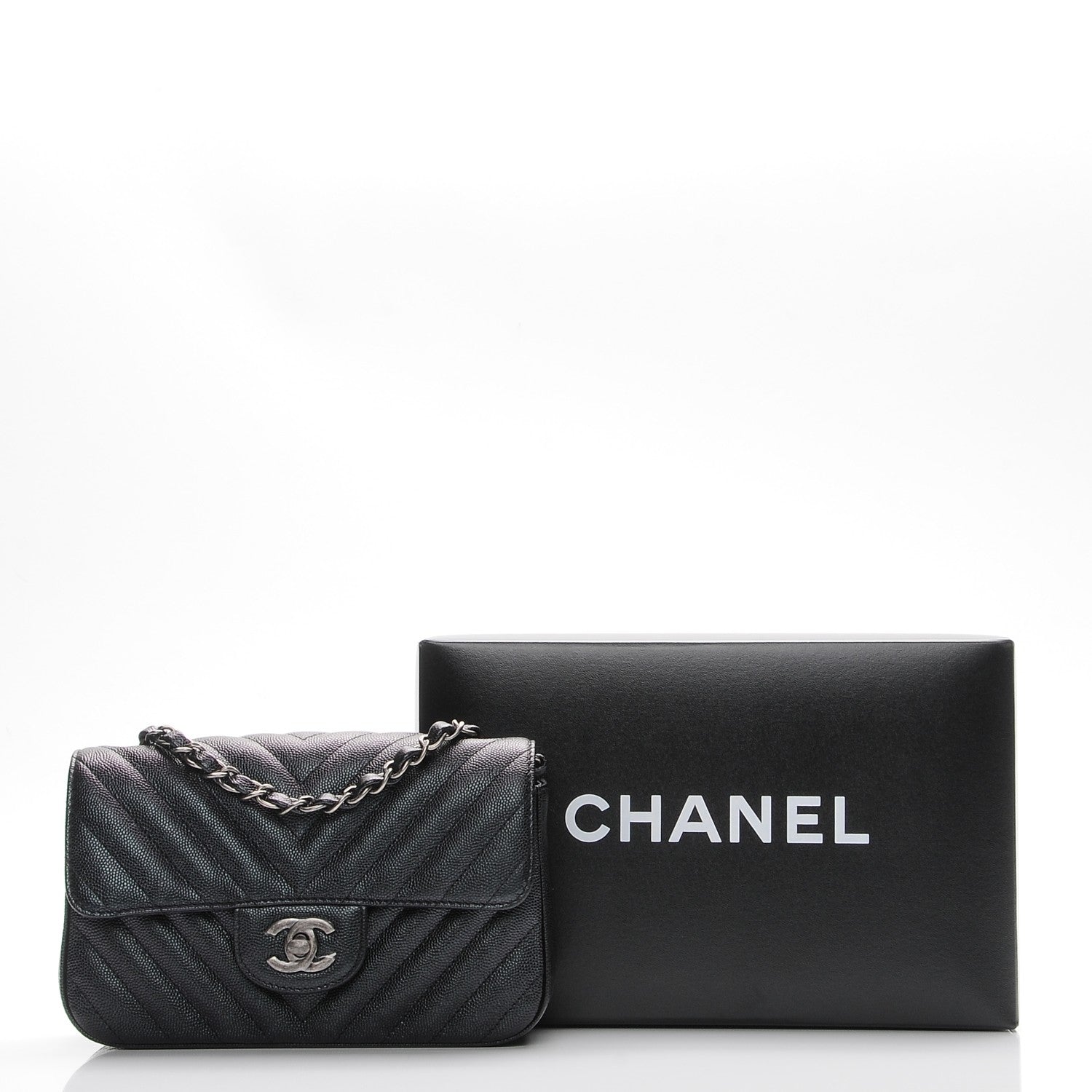 Chanel Metallic Caviar Chevron Quilted Mini Rectangular Flap Black 8 of 8
