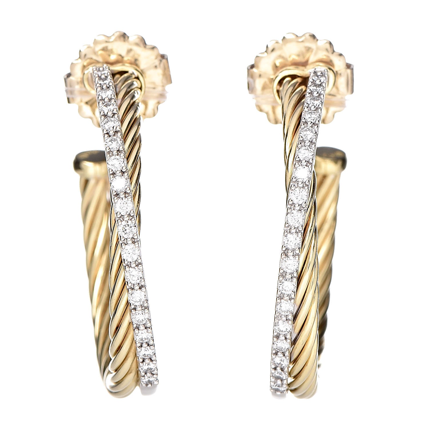 David Yurman 18K Yellow Gold Diamond Crossover Medium Hoop Earrings 1 of 5