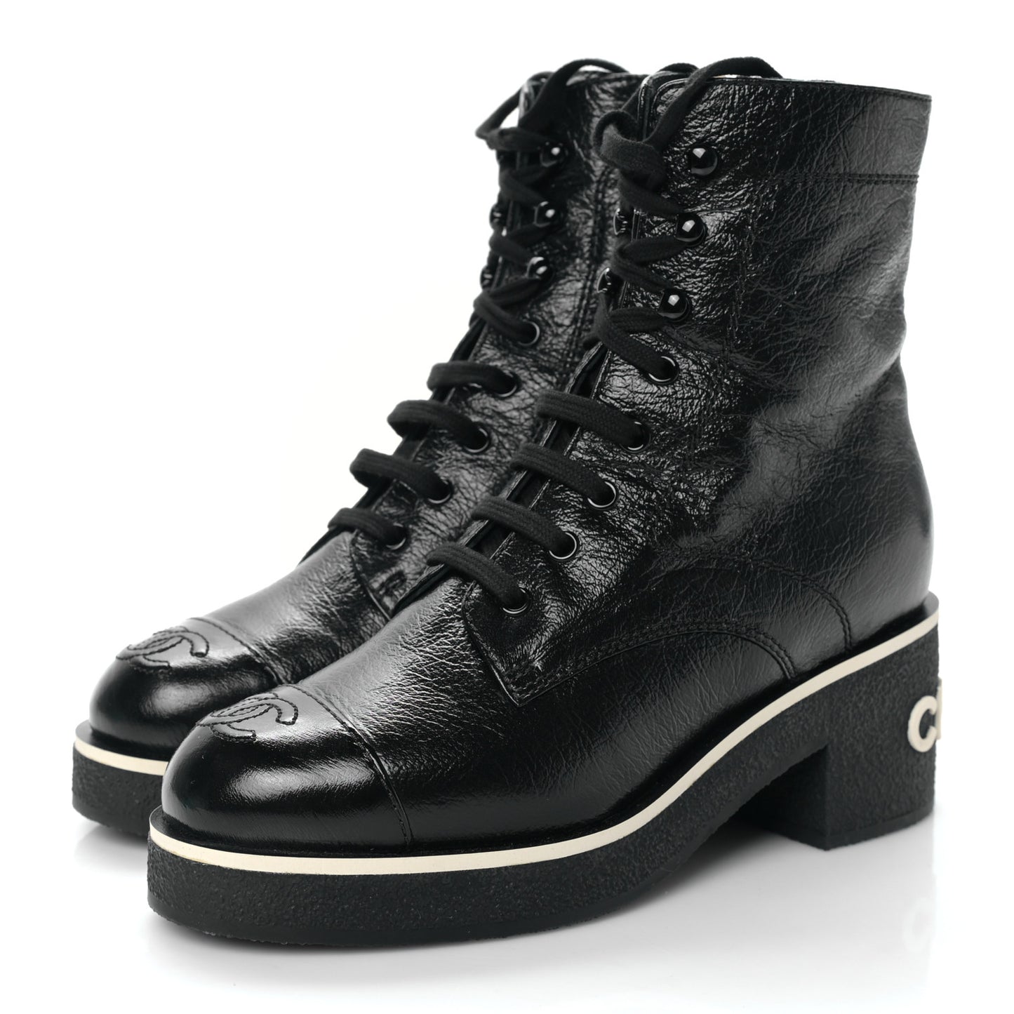 Shiny Crumpled Lambskin Lace Up Combat Boots 36 Black