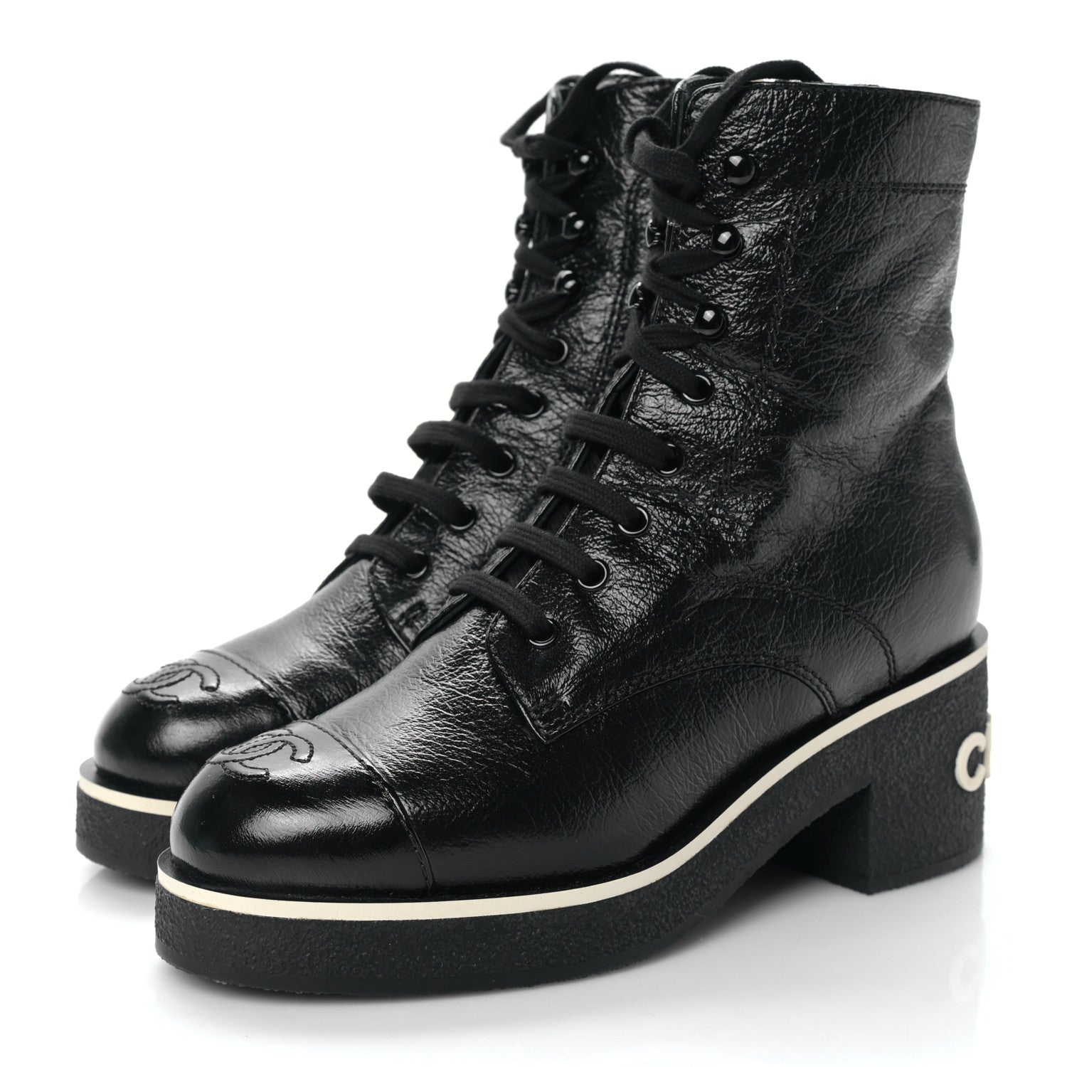 Chanel Shiny Crumpled Lambskin Lace Up Combat Boots 36 Black 3 of 8