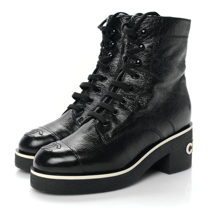 Chanel Shiny Crumpled Lambskin Lace Up Combat Boots 36 Black 3 of 8