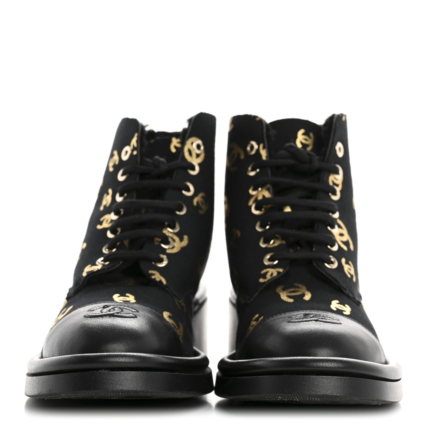 Lambskin Shearling Canvas CC Lace Up Boots 38.5 Black Gold