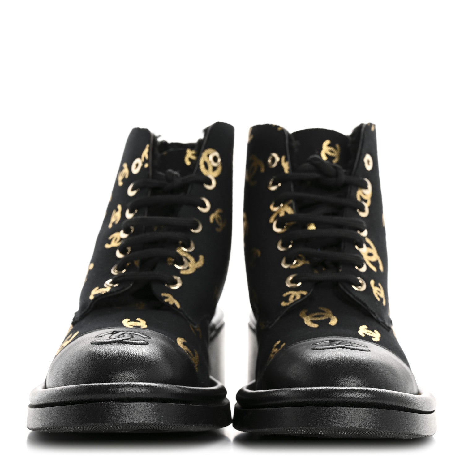 Chanel Lambskin Shearling Canvas CC Lace Up Boots 38.5 Black Gold 3 of 10